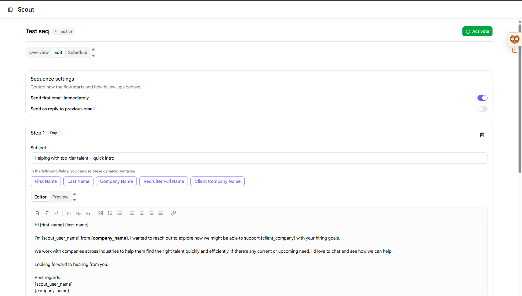 Edit Email Sequence Page