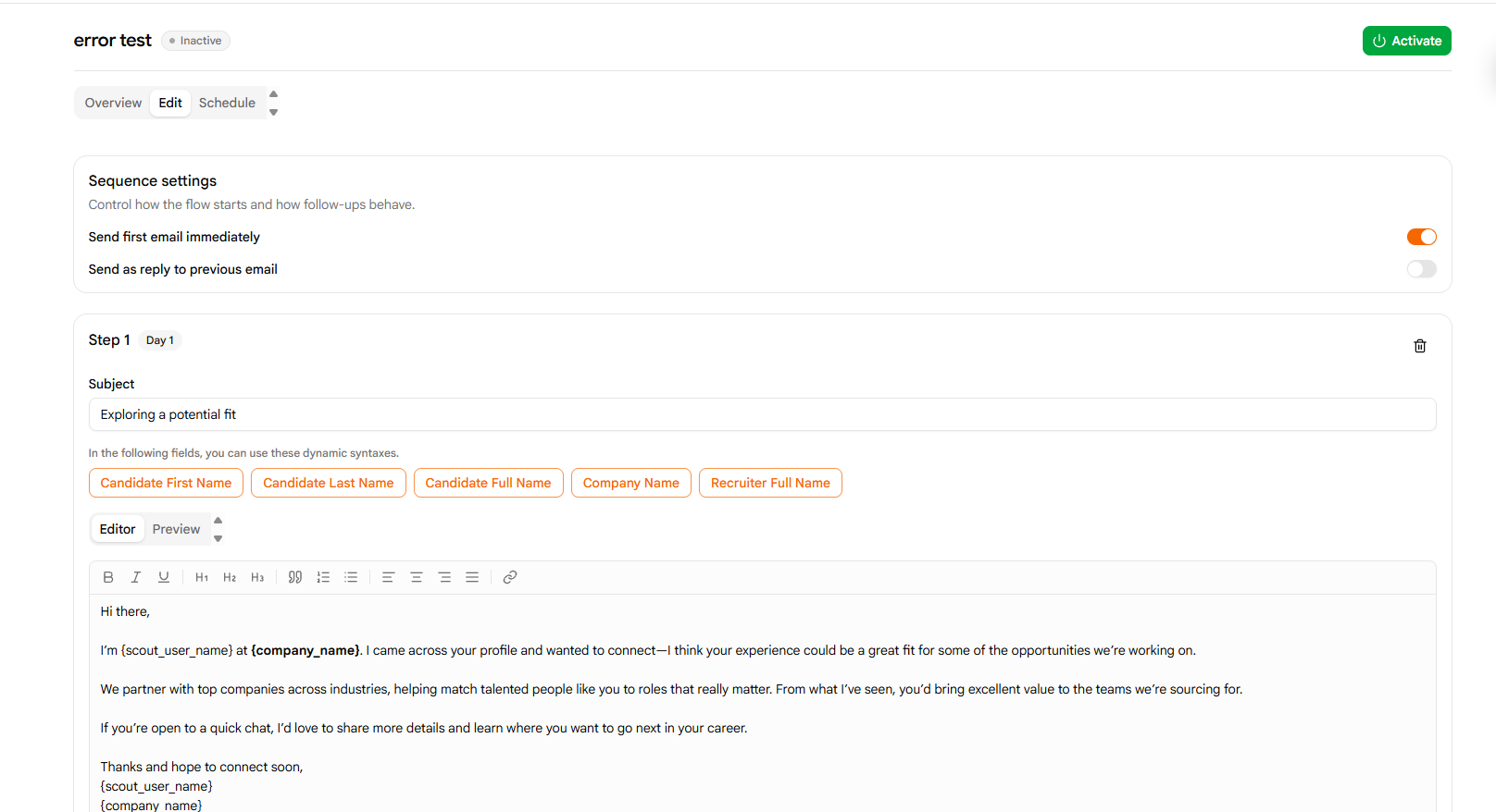 Edit Email Sequence Page