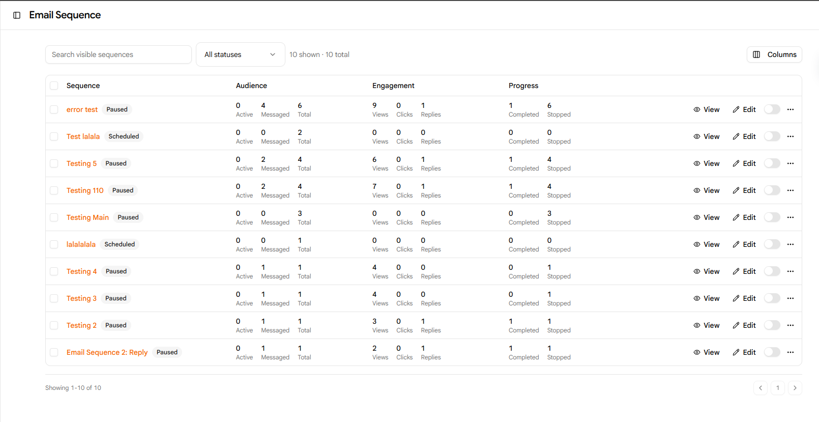 Manage Email Sequences Table