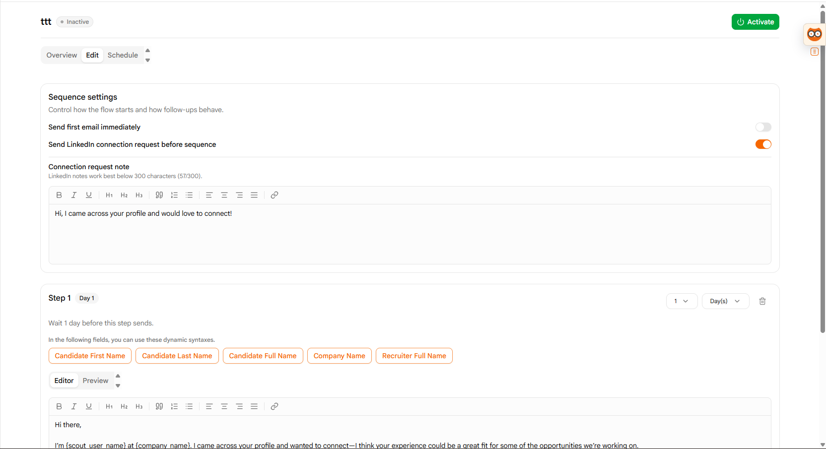 Edit LinkedIn Sequence Page