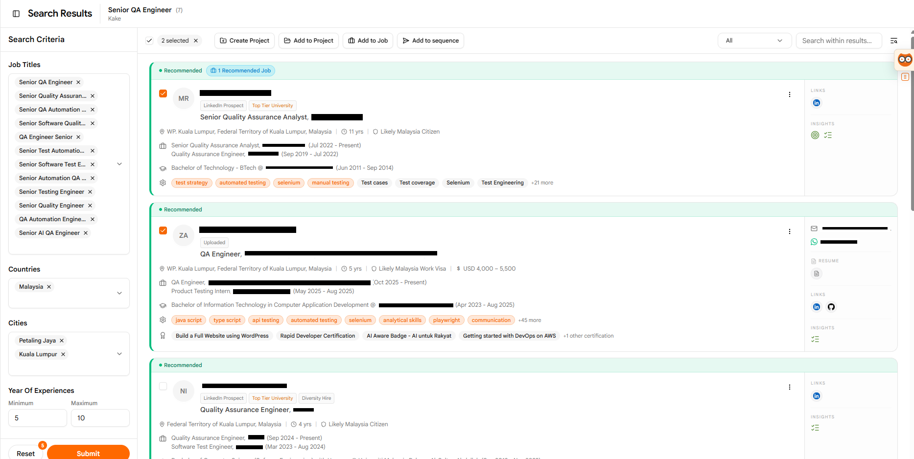 Candidate Search Results & Actions